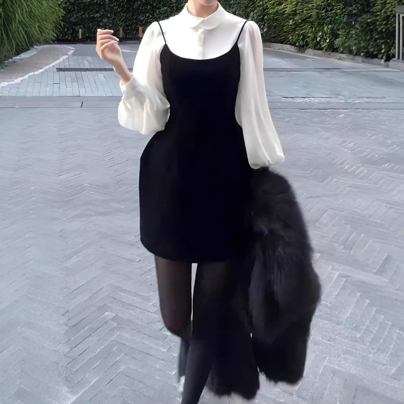 French-Style Elegant Shirt, Black Velvet Suspender Dress for Women, 2026 Autumn and Winter New Style, Very Beautiful Set