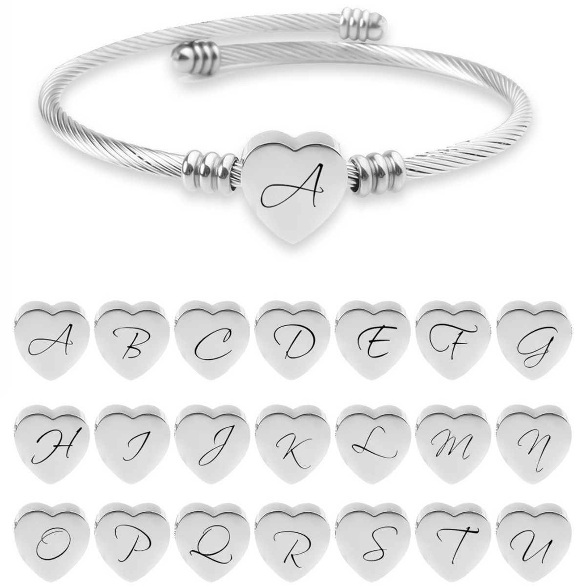 Estilo explosivo transfronterizo europeo y americano 26 letras pulsera abierta alambre tejido amor pulsera de acero titanio pulsera de moda joyería