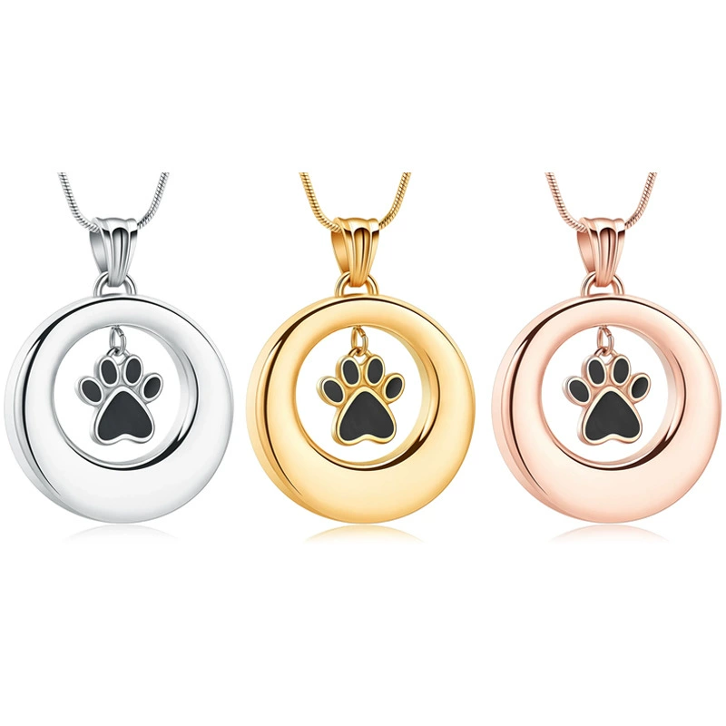 Популярное колье-кулон из нержавеющей стали с круглым принтом лапы для хранения праха питомца, памятная урна для шерсти и праха