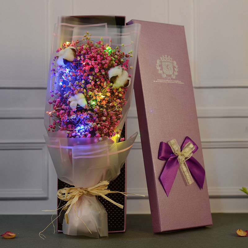 퓨어핑크 + 솜 48cm개 - 꽃다발 + 선물박스 + LED 조명