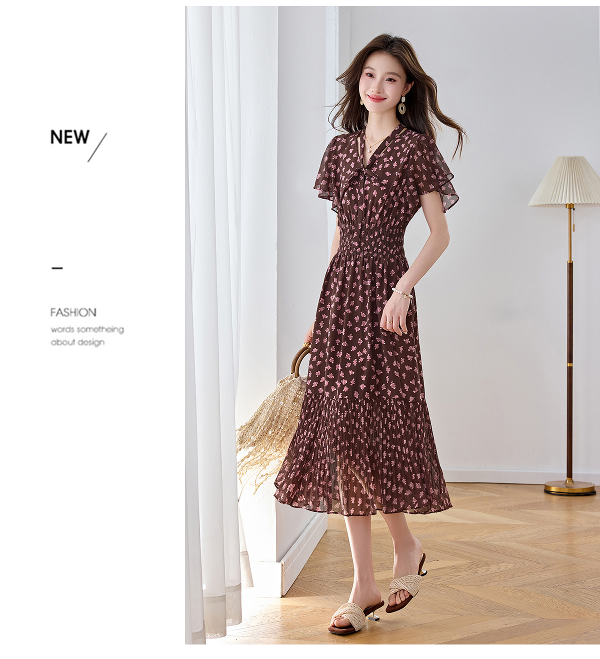 Đầm maxi nữ họa tiết hoa nhí thắt eo dáng chữ A dài quá gối — màu đen, màu hồng chi tiết 12