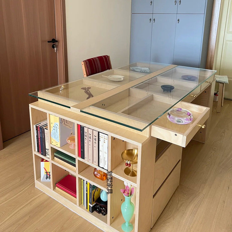 Ocean-Style Desk with Multiple Storage Layers, File Cabinets on Both Sides, and a Stylish Glass Top Computer Desk Ocean-Style Desk with Multiple Storage Layers, File Cabinets on Both Sides, and a Stylish Glass Top Computer Desk