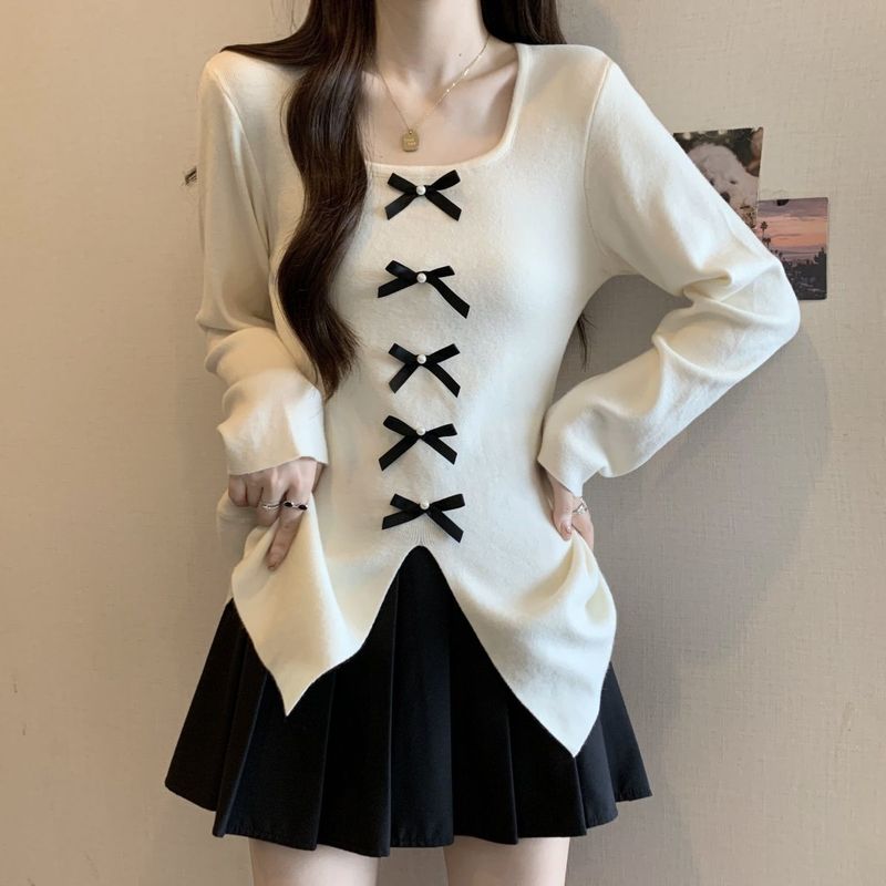 大码方领蝴蝶结开叉长袖T恤女春秋2025新款胖mm宽松显瘦小众上衣|undefined