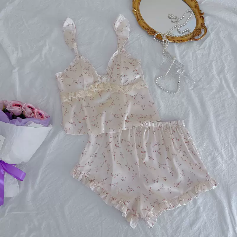 Pijama, set, flower arrangements, top with cups, french style, lifting effect, floral print