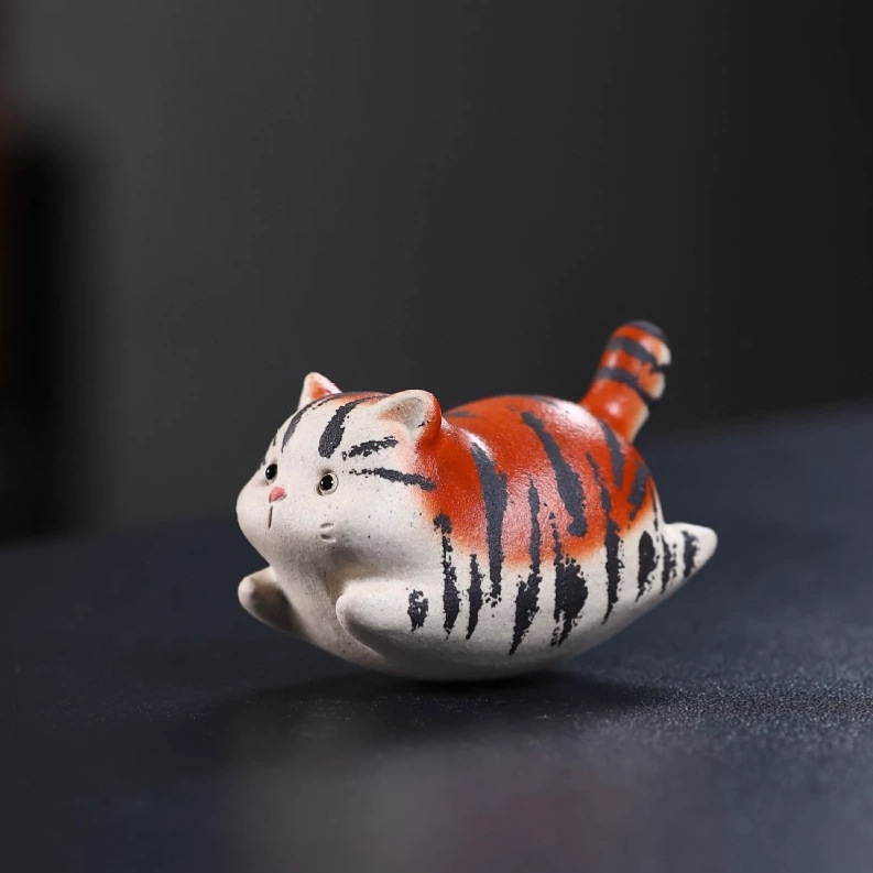 宜兴紫砂茶宠猫摆件拉毛泥绘萌可爱猫茶玩茶具桌笔架小猫创意摆件