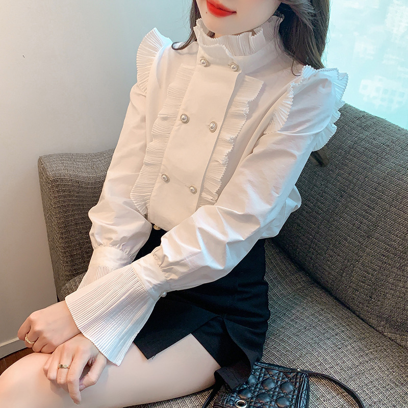 2026 New Autumn French-style White Ruffle Blouse for Women, High-end Design, Versatile Long-sleeve Top for the Workplace