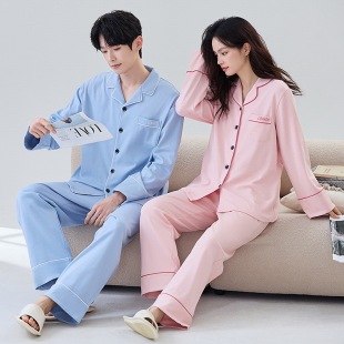 [Antibacterial cotton pull frame] strict selection of couples pajamas men and women spring and summer long sleeve cotton pajamas simple home clothes