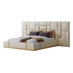 Italian-Style Light Luxury Genuine Leather Large-Screen Bed Villa Large Bedroom First-Layer Cowhide Soft Bed Hotel Designer Master Bedroom Bed