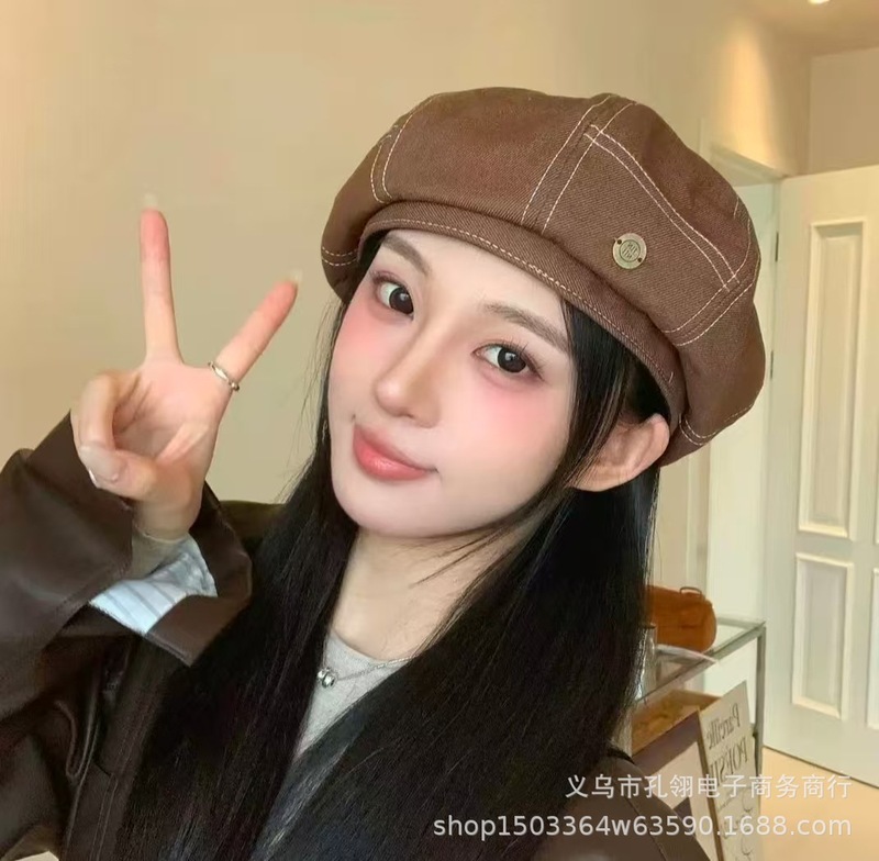 英伦复古牛仔贝雷帽女春秋新款日系复古显脸小画家帽大头围八角帽|undefined