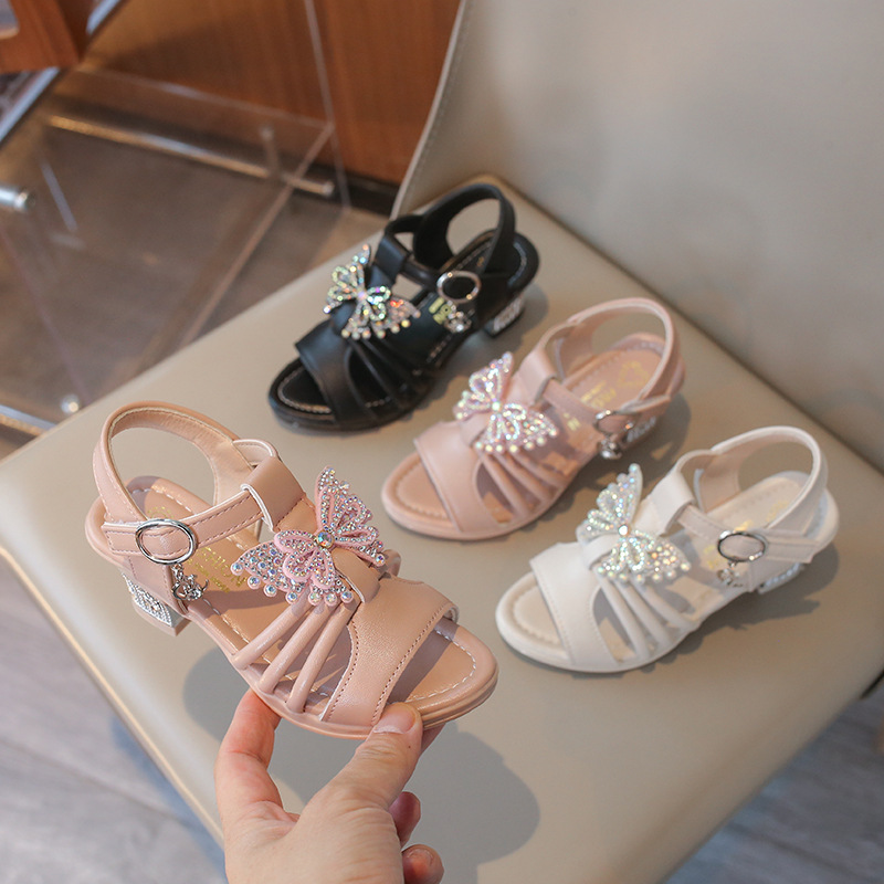 Girls' Rhinestone Butterfly High-Heeled Shoes 2026 Summer New Style Kidsren's Cut Out Sandals for Girls and Older Kidsren Performance Princess Shoes