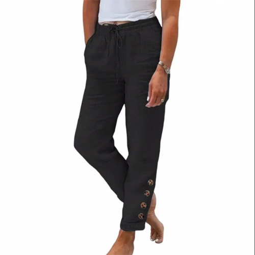 Independent station wish elastic waist pure color cotton linen straight casual buttons trousers women's retro