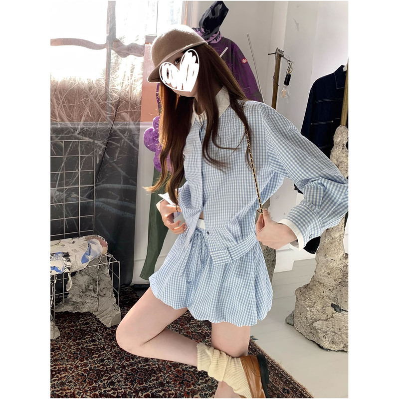 法式清冷感撞色蓝格子翻领长袖衬衫女2025早秋新款花苞裙短裙套装|undefined