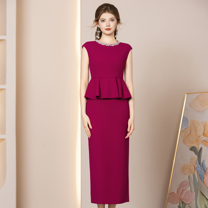 Zhili Suit 2026 New Women's Fashion Summer Formal Occasion Feminine Slim Fit Beaded Sleeveless Top and Bodycon Skirt