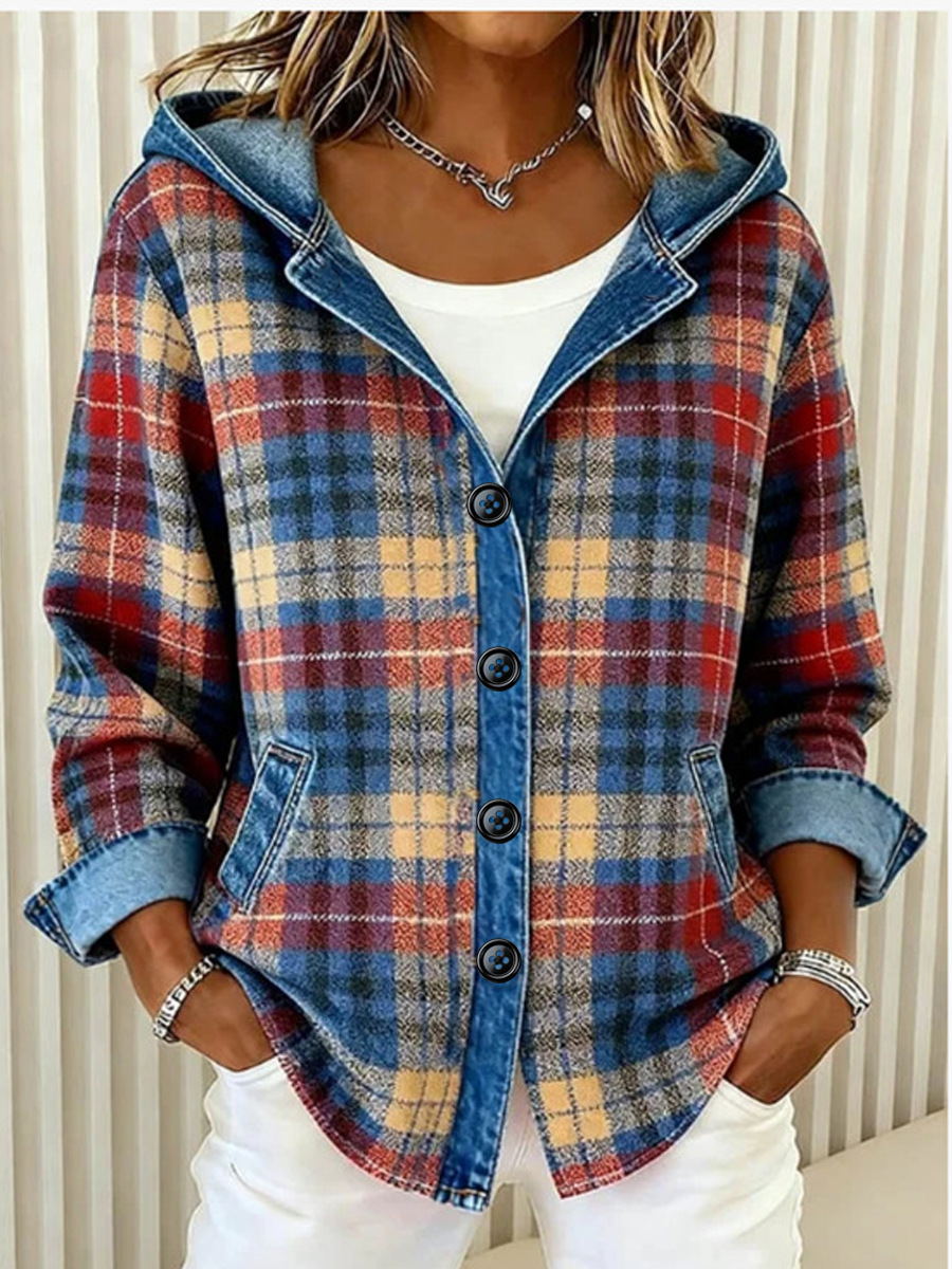 European And American Independent Station Women's Shirt Hoodie Autumn Winter New Fashion Plaid Color-Block Jacket_ecoleips.com