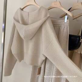 奶fufu连帽软糯毛衣外套女早秋设计感小众短款慵懒针织开衫上衣厚