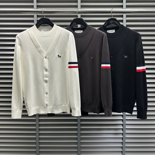 TB sweater fake two-piece puppy logo pattern Red White blue round neck casual all-match top men's and women's long sleeve cardigan
