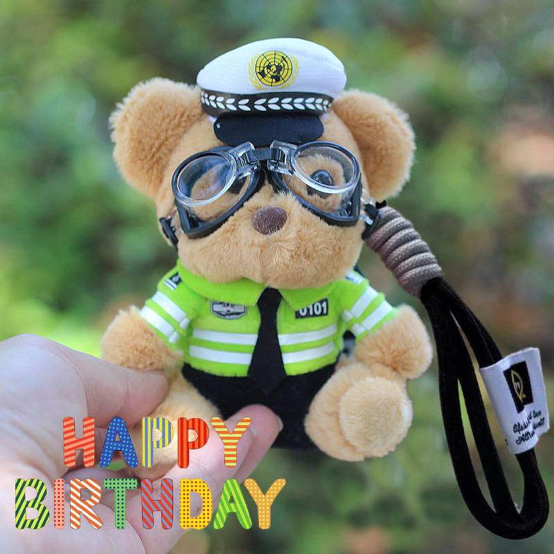 Policía bombero oso muñeca celebridad de Internet caballo de hierro muñeca coche de peluche policía de tránsito colgante oso de peluche llavero lindo