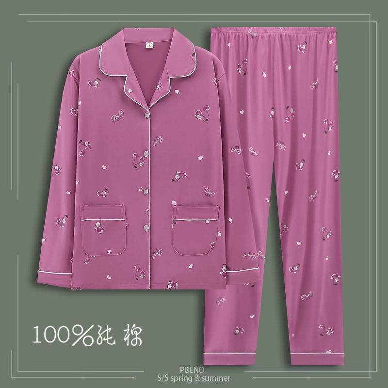 Pijamas de algodón para mujeres primavera y otoño de manga larga cardigan de mediana edad suelta grande se puede usar en el exterior conjunto de ropa de casa