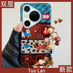 适用华为pura70pro+新款手机壳双层渐变Pura80pro秋冬拼接格纹豹纹卡通腊肠狗mate70/60pro挂绳硅胶男女