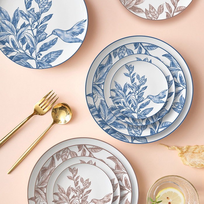 Blue Hummingbird European-style Ceramic Tableware Four-piece Set Bone China Household Set Hotel Wedding Banquet Snack Plate Set Blue Hummingbird European-style Ceramic Tableware Four-piece Set Bone China Household Set Hotel Wedding Banquet Snack Plate Set