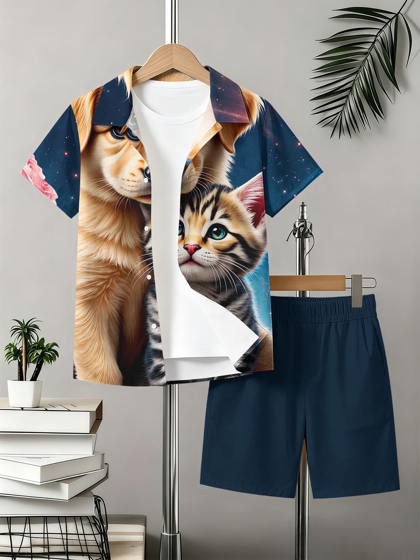 Boys Retro 3d Print Collared Shirt And Shorts Summer Set_voghion.com