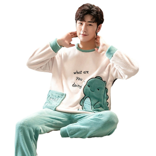 Autumn and Winter Flannel Pajamas for Boys, Korean-Style Thin Fleece-Lined Long-Sleeved Cartoon Design Men's Coral-Fleece Homewear Set