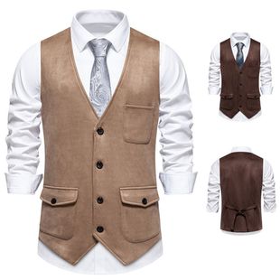 Cross-border European size men's solid color single-breasted waistcoat flap real pocket suede men's suit vintage vest foreign trade