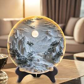 浮雕壁画立体感图片紧致圆盘摆台新中式客厅书房创意装饰桌面摆件