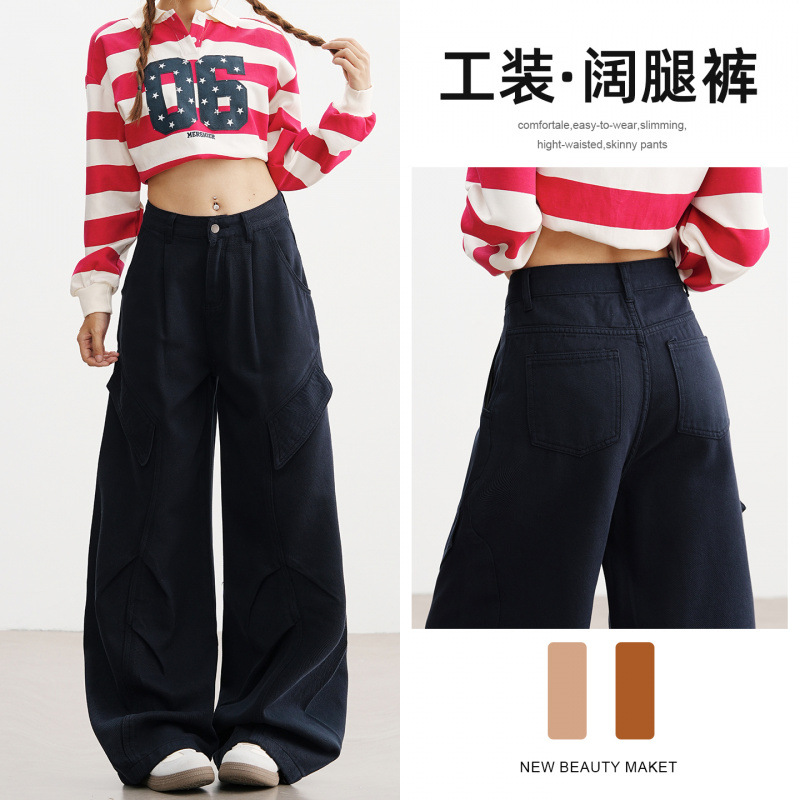 Pantalones Vaqueros Cargo de Pierna Ancha para Mujer de Mezclilla con Cintura Alta y Bolsillos