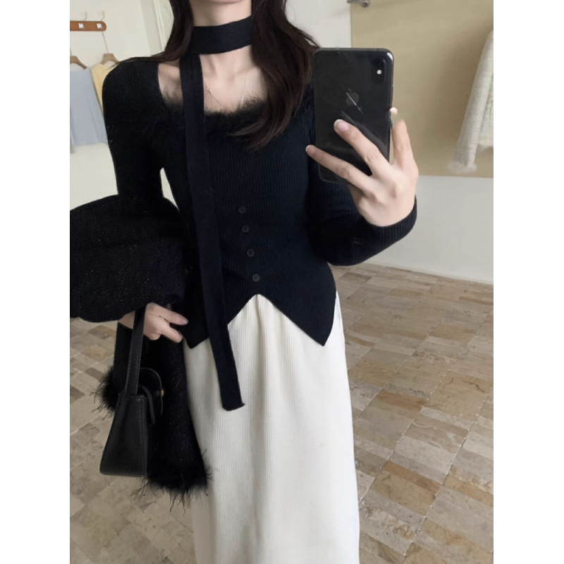 秋冬法式毛毛拼接修身打底针织衫挂脖飘带纯欲小心机掐腰方领毛衣|undefined