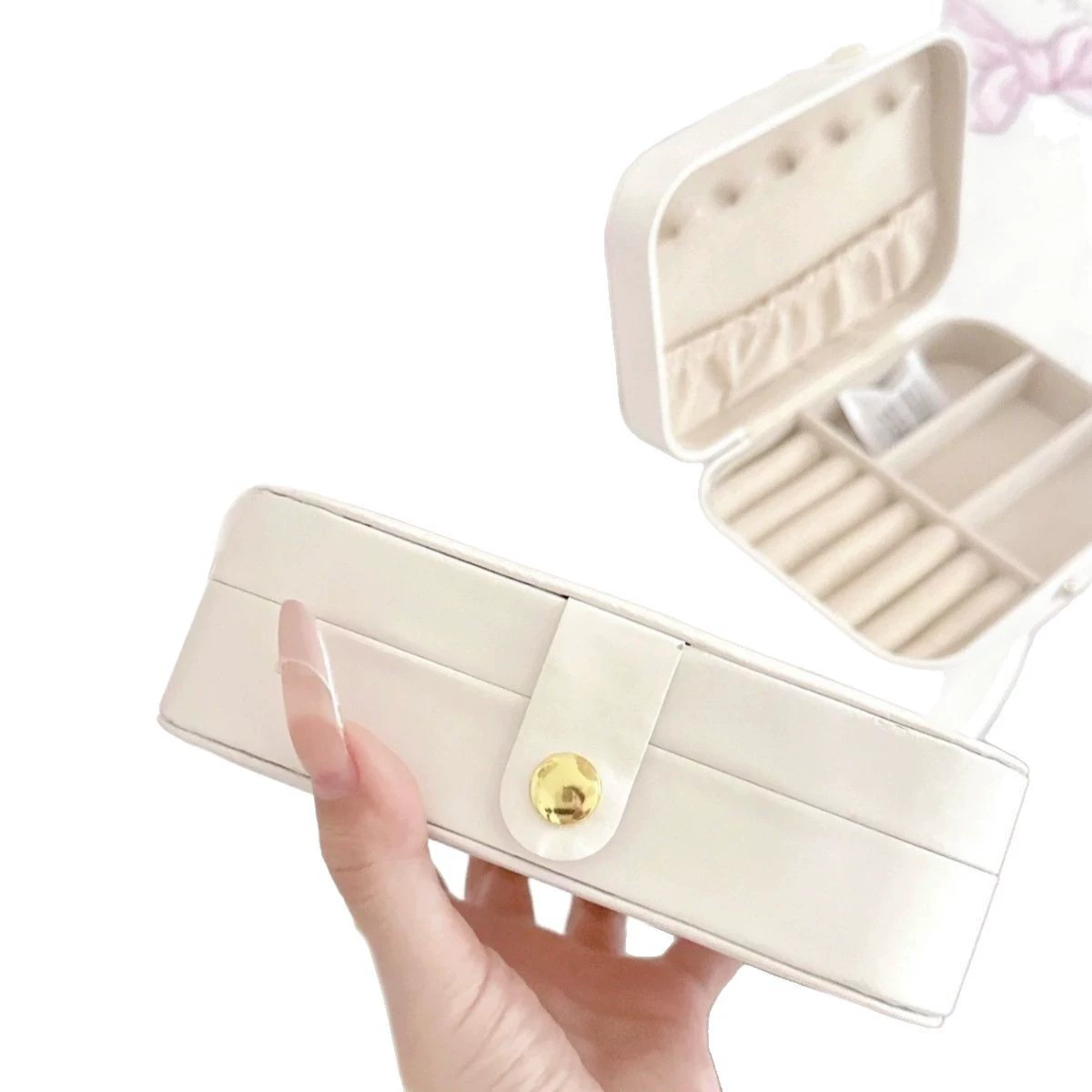 Travel Jewelry Box, Rectangular White Handheld Storage System, Compact with Ring Rolls & Compartments