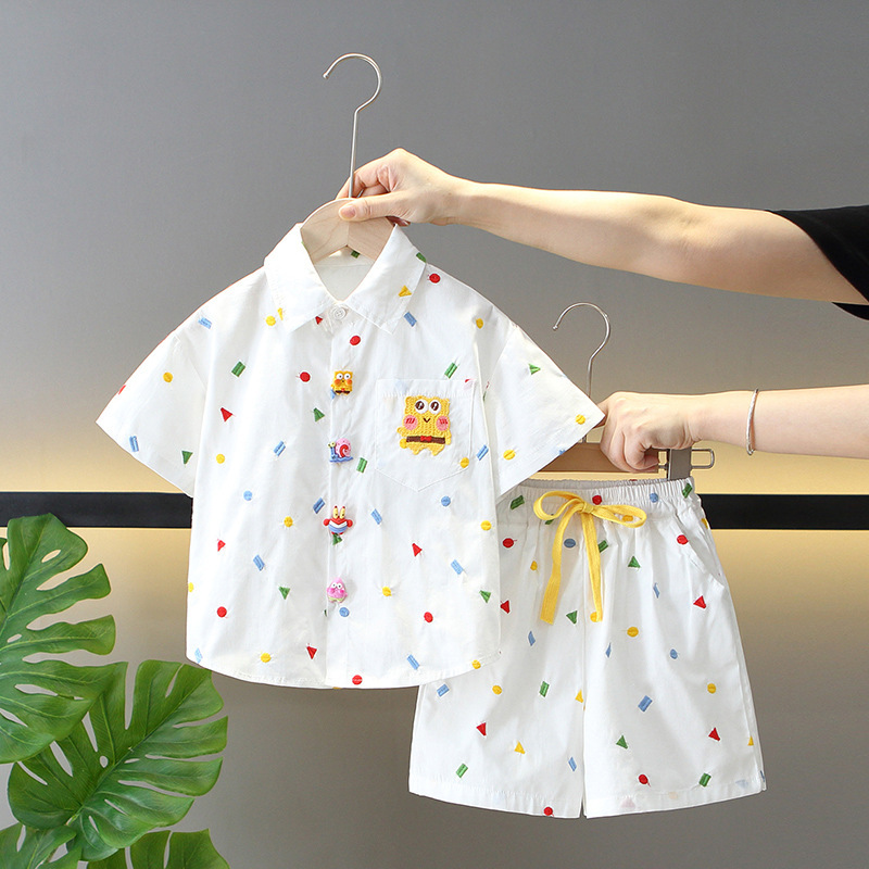 男の子半袖シャツスーツ夏スタイル韓国子供服スポンジボブ子供夏ネクタイツーピーストレンドセット|undefined
