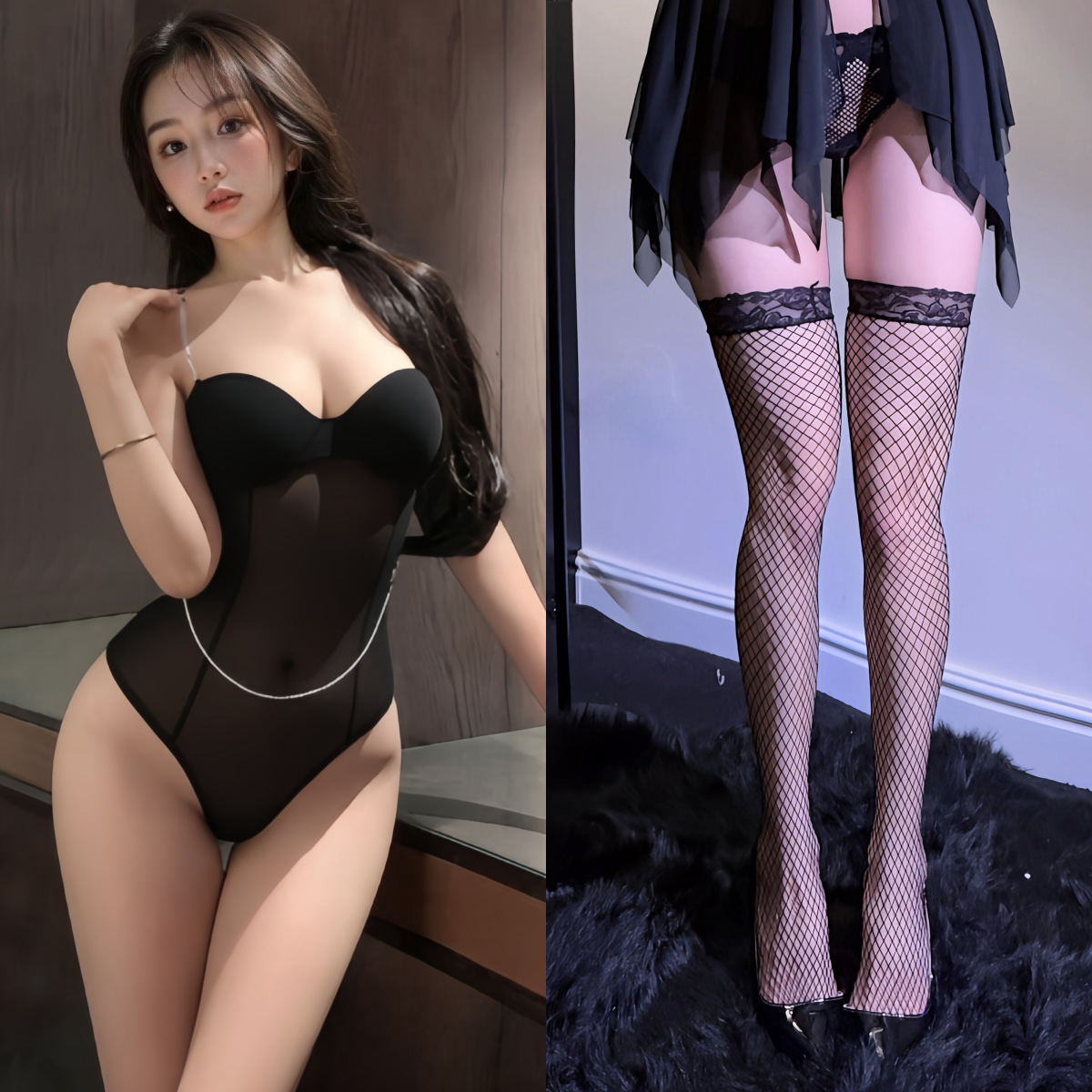 블랙 + 블랙 망사 스타킹