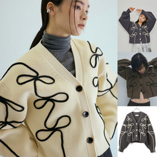 跨境外贸出口秋冬新款高档重工手工盘花女V领针织开衫毛衣外套女