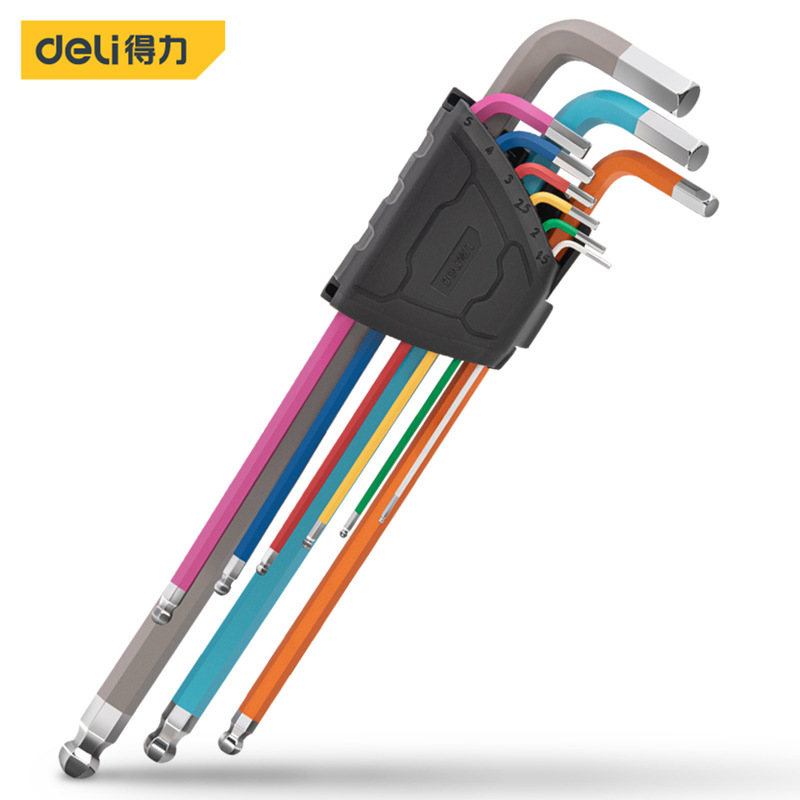 deli得力DL232609专业级镜面彩虹特长球头内六角组套9件套铬钒钢