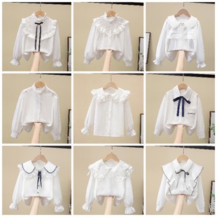 Foreign Trade Girls White Shirt Spring & Fall Lace New Top Kidsren's Doll Collar Bow Pure Cotton Korean Style Princess Style