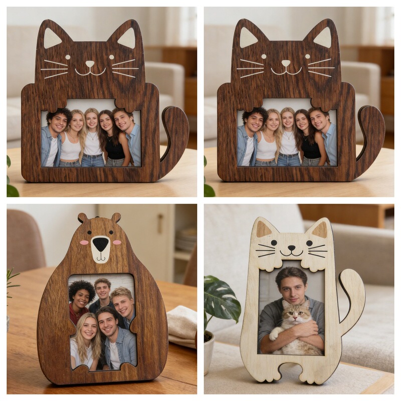 Cross-Border Cute Animal Wooden Photo Frames with Creative Designs of Cats and Bears, Featuring a Solid Wood Texture, Ideal for Home Desktop Decoration