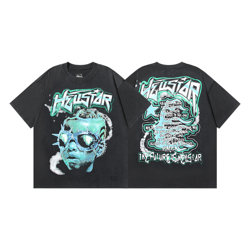 25ss 夏新作 Hellstar アメリカンファッション ハイストリート ウォッシュ加工 ダメージ加工 プリント ゆったり 半袖 Tシャツ 男女兼用|undefined