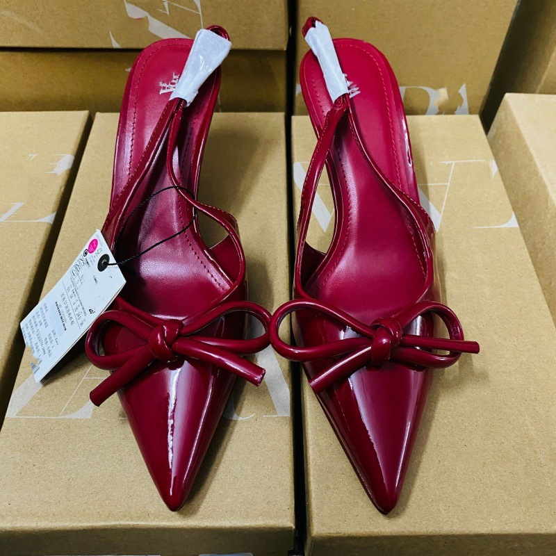 Za Women's Shoes 2025 Spring New Red Patent Leather Bow Pointed Toe Hollow Back Sandals Women's High Heels