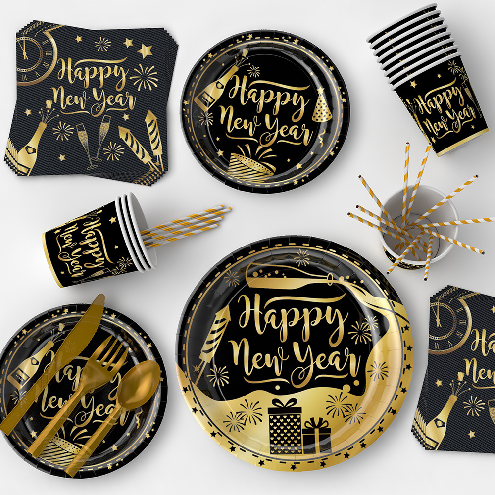 Amazon 2024 NUEVO AÑO fiesta plato de papel traje FELIZ AÑO NUEVO Oro Negro desechable plato de cena traje