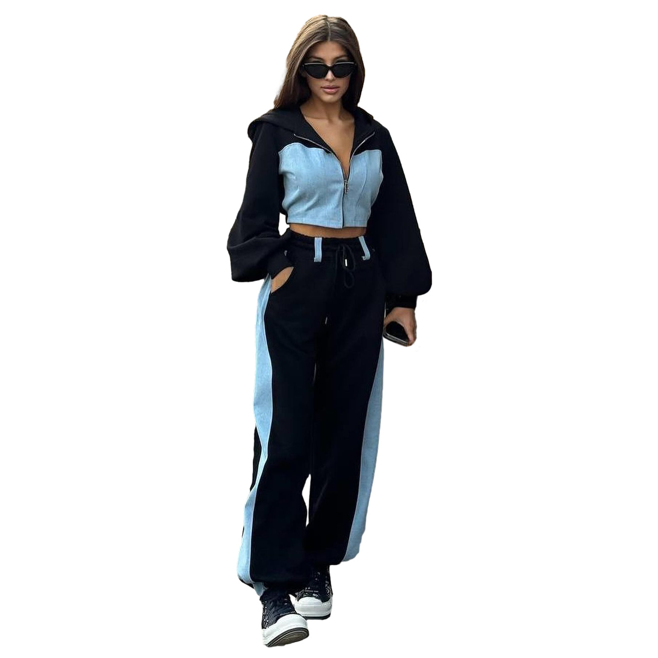 D9727 venta caliente suéter de moda casual de mujer europea y americana costura de mezclilla con capucha top pantalones de dos piezas