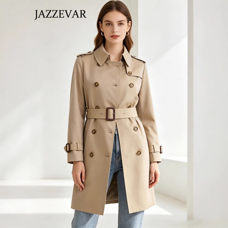 Jiazehua 2025 Mid-Length Elegant British Style Double-Breasted Autumn and Winter Trench Coat for Women, Long-Term In-Stock