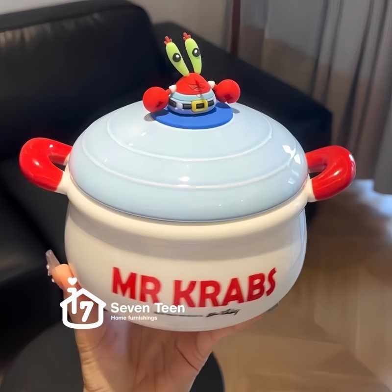 Crab Boss Instant Noodle Bowl with Lid Ceramic with Handle Large Capacity Spongebob Pie Big Star Cartoon Double-Eared Doll Lid