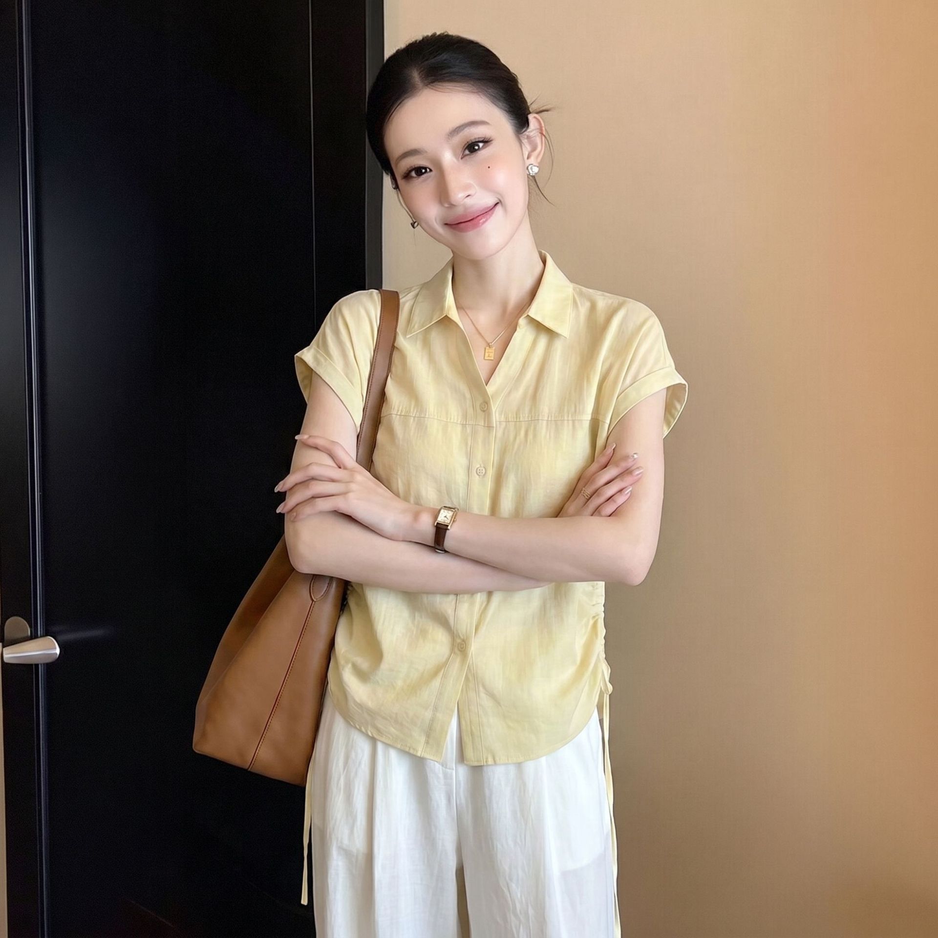 Áo sơ mi ngắn tay nữ màu vàng thiết kế độc đáo, eo thon, dành cho người đầy đặn — xanh lam chi tiết 3