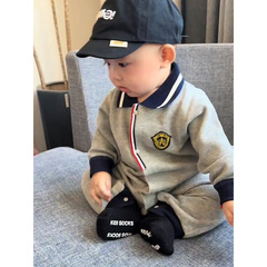 婴儿衣服2025年春装新生儿宝宝时尚0-12月周岁爬爬服休闲翻领春秋