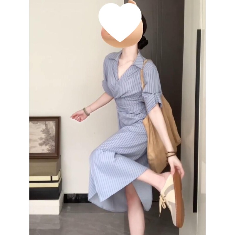 Plus-Size French-Style Striped Shirt Dress for Women, Summer Mature Style, Waist-Cinching, Slimming Long Dress, Trendy