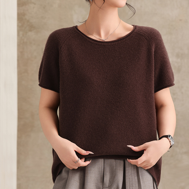 Spring Season Round Neck Raglan Slim-Fit Wool and Cashmere Blend Short-Sleeve Women's Loose Ribbed Knit Cashmere Half-Sleeve Spring Season Round Neck Raglan Slim-Fit Wool and Cashmere Blend Short-Sleeve Women's Loose Ribbed Knit Cashmere Half-Sleeve