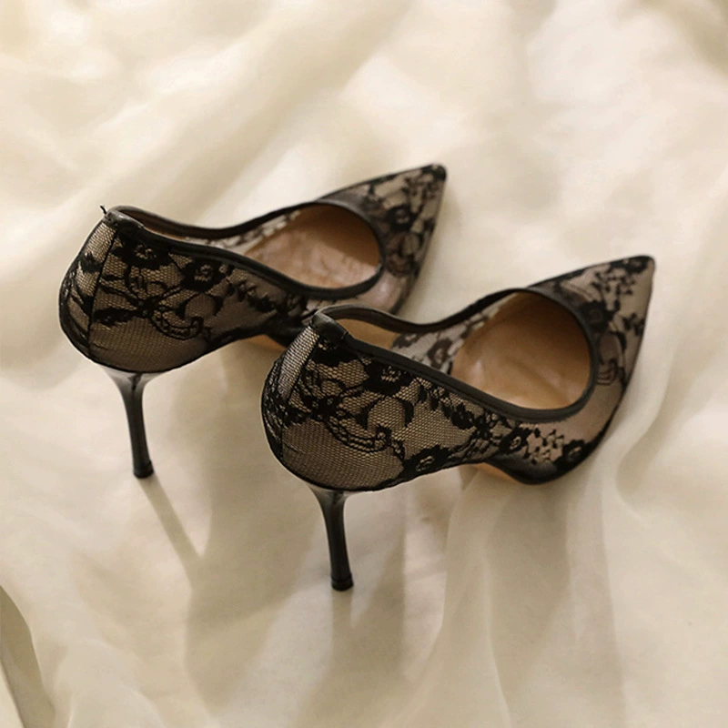 Женские туфли на высоком каблуке, новинка 2023 года, кружевные прозрачные женские туфли на высоком каблуке, пикантные сетчатые туфли на плоской подошве, профессиональная женская обувь