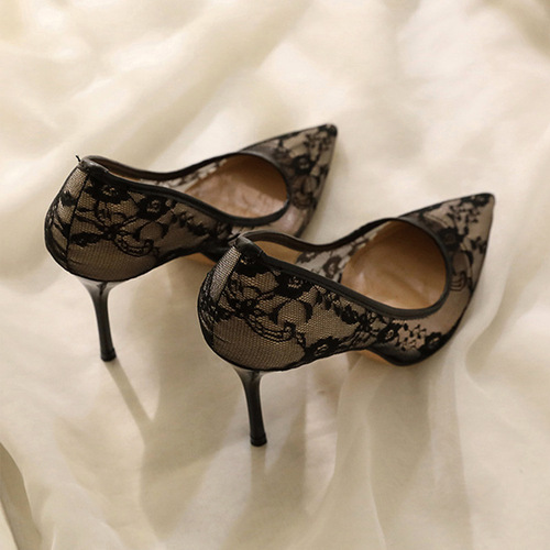 Women's High Heels Lace Transparent Pumps Fine Heel Sexy Mesh Sandals Professional Women's Shoes