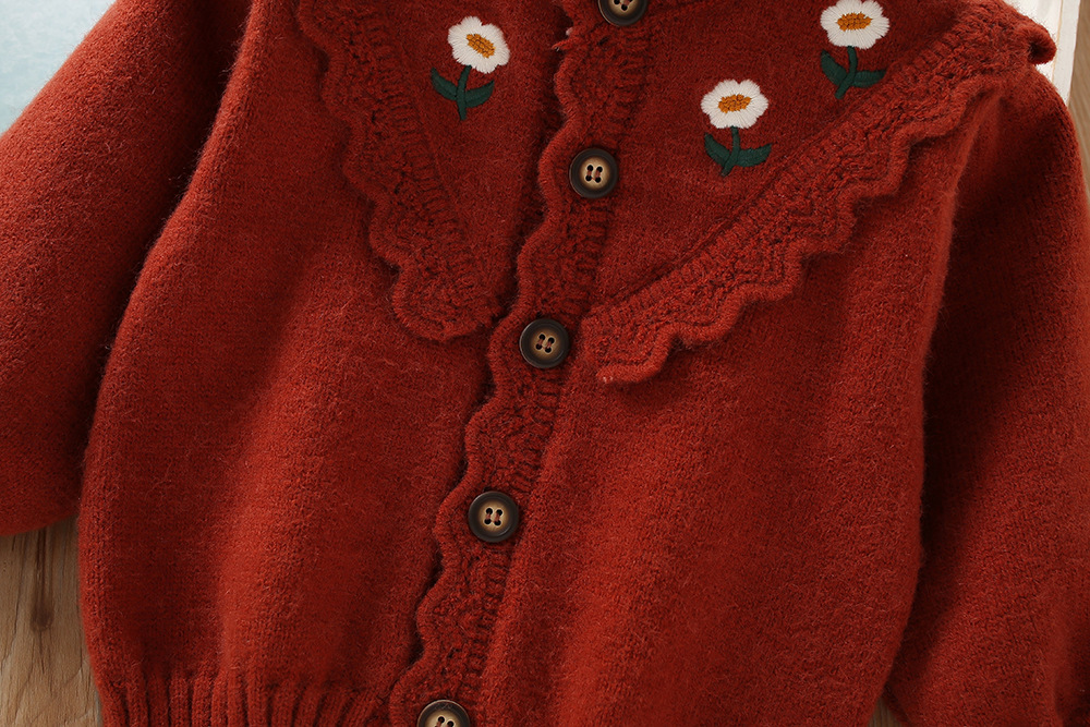 Girls Cardigan Sweater Embroidered Floral Knitted Autumn Winter_voghion.com